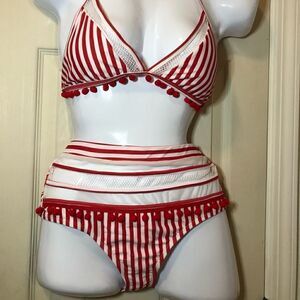 High waisted swimsuit bikini with stripes & tassels - retro vibes
